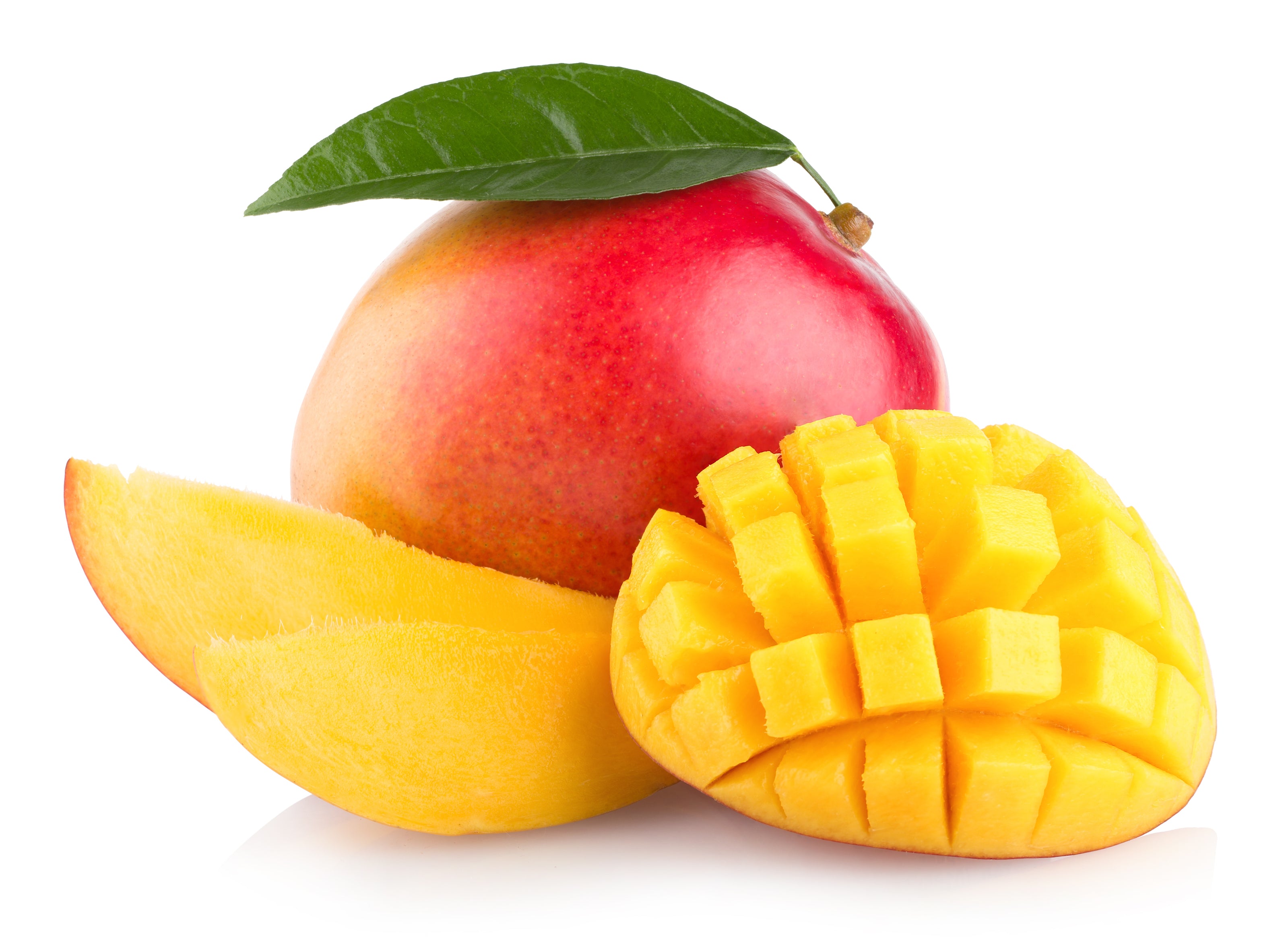 Mango cut open to reveal juicy, refreshing, bright yellow mango fruit flesh 