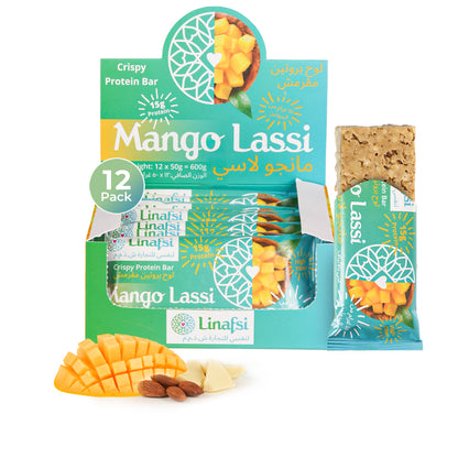 Linafsi - crispy protein bar - Mango Lassi- white background image of single bar next to box of 12 bars