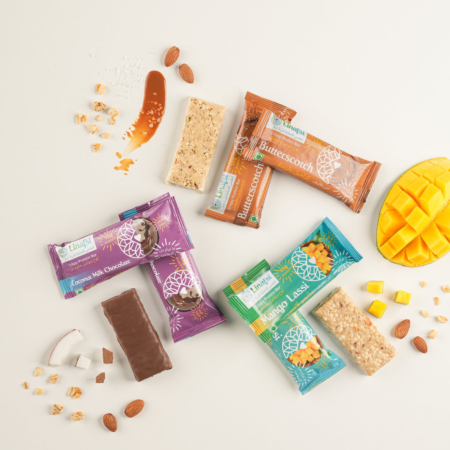 Linafsi - crispy protein bar - Variety Pack (Coconut Milk Chocolate, Mango Lassi and Butterscotch)- white background image of the 3 bars