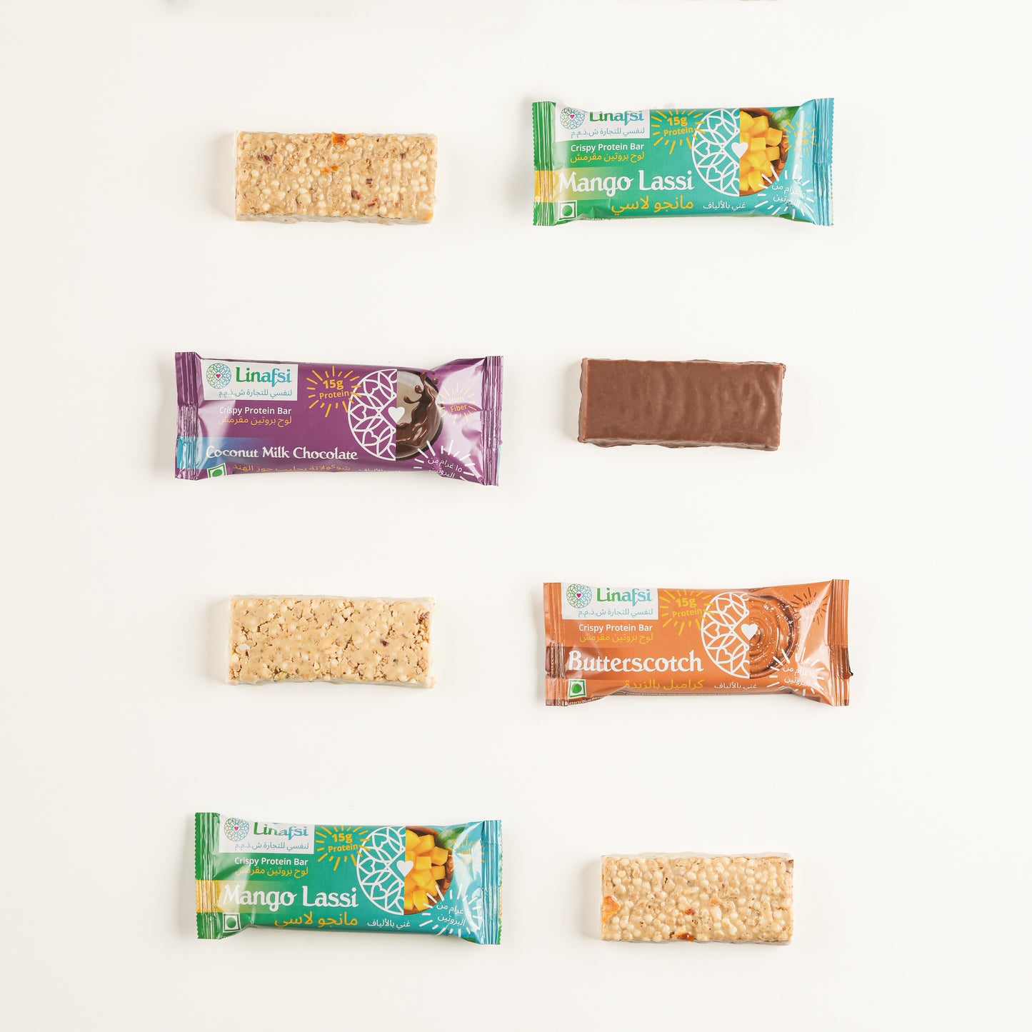 Linafsi - crispy protein bar - Variety Pack (Coconut Milk Chocolate, Mango Lassi and Butterscotch)- white background image of the 3 bars, wrapped and unwrapped, arranged in a pattern